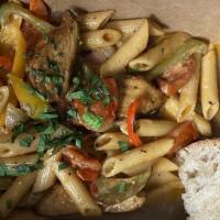 Voodoo Penne · blackened chicken breast, bell peppers, tomatoes, red onions, Cajun cream.