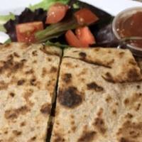 Chicken Quesadilla · Grilled chicken breast, organic mixed greens, tomatoes, red onions, bell peppers and salsa w...