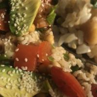 Daddy Famous Quinoa · Organic quinoa, imported sweet red and yellow peppers, scallions, tomatoes, avocado, tossed ...