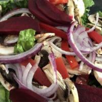 Daddy'S Famous Salad · Organic mixed greens, red bell peppers, scallions, imported olives, avocado, red cabbage, to...