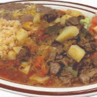 Steak Ranchero · Diced steak cooked in a slightly spicy broth with potatoes, onions, tomatoes, jalapenos. Ser...