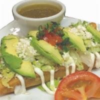 Flautas (3) · Your choice of (shredded beef or chicken) in a large corn tortilla rolled and golden fried, ...
