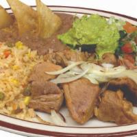 Carnitas Plate · Pork tips, pico de gallo, guacamole, green chile with rice and beans.