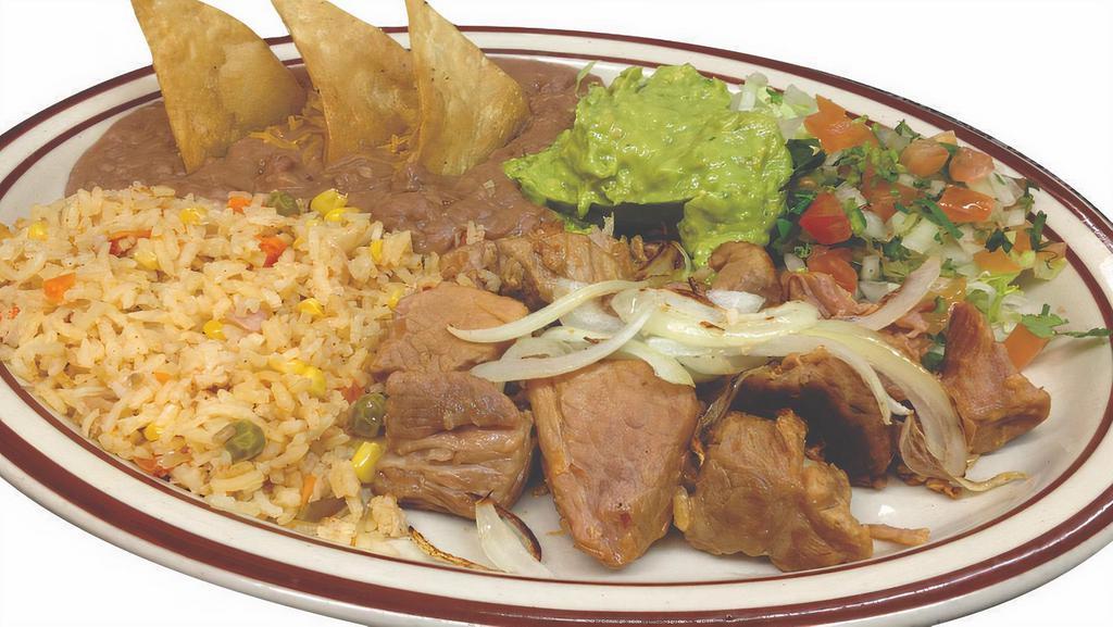 Carnitas Plate · Pork tips, pico de gallo, guacamole, green chile with rice and beans.