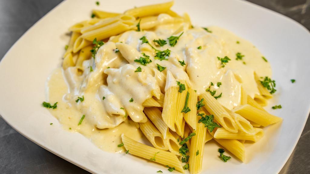 Alfredo · Smooth and Creamy Alfredo Sauce Created to Cling to Pasta topped with a Sprinkle of Parmesan and Parsley.