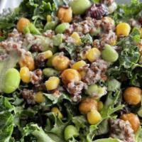 V Kale Salad · Vegan. Kale, mix greens, edamame, quinoa, corn, dried cranberry, crispy chickpeas, House spe...