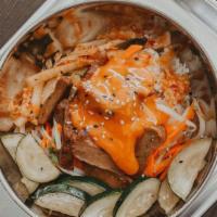 Spicy Korean Bowl (Gochujang) (Tofu) · Vegan. 
Kimchi, bean sprouts, scallions, carrots, Tofu