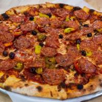 Xx-Large Calabrese · Artisan salame Calabrese, hot Italian peppers, black Mediterranean olives, crushed tomatoes,...