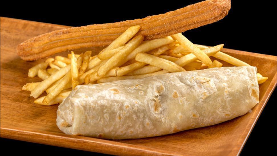 Jr Bean & Cheese With Fries · Jr bean and cheese burrito served with french fries and a churro.