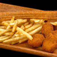 Chicken Nuggets And Fries · Five chicken nuggets served with french fries and a churro.