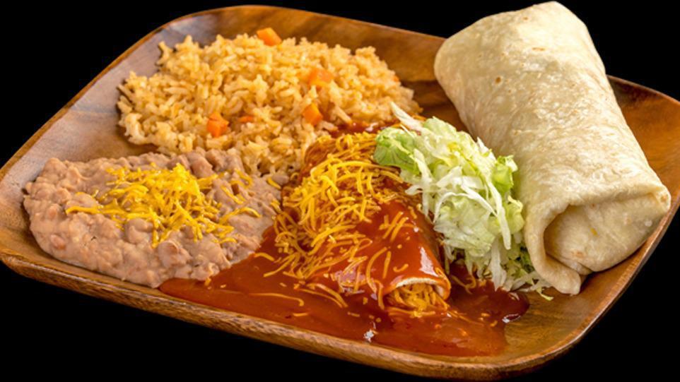 19 Burrito And Enchilada · Shredded beef burrito with bell peppers, tomatoes, and onions. Cheese enchilada with lettuce. Served with rice and beans