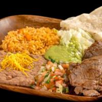 15 Carnitas Plate · Pork meat served with guacamole, pico de gallo, lettuce, rice, and beans.