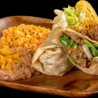2 Burrito And Taco · Burrito: shredded beef with bell peppers, tomatoes, and onion. Taco: shredded beef taco with...
