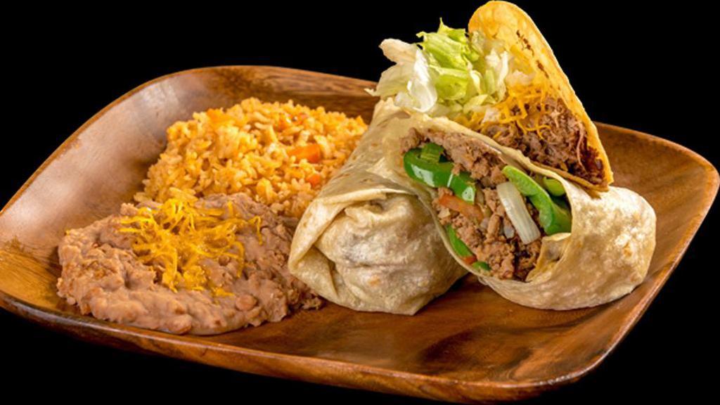 2 Burrito And Taco · Burrito: shredded beef with bell peppers, tomatoes, and onion. Taco: shredded beef taco with cheese and lettuce. served with beans and rice