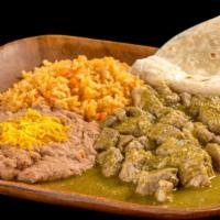 11 Green Chile · Pork with green chile sauce served with rice and beans.