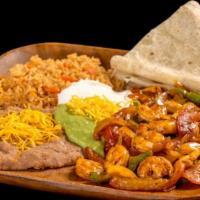6 Camarones Rancheros · Shrimp with bell peppers, tomatoes, and onion. Served with guacamole, sour cream, lettuce, b...