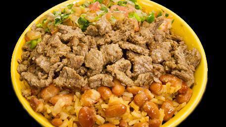 Carne Asada Bowl · rice, whole beans, asada meat, pico de Gallo