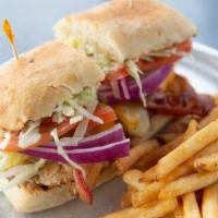 High Rise Chicken · Grilled chicken, bacon, cheddar, pepper jack, lettuce, tomato, red onion, pickles, and mayo ...