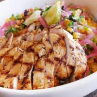 Bf Amber Chicken Salad · Amber ale chicken, mixed greens, chipotle tarragon dressing, roasted corn & black bean relis...