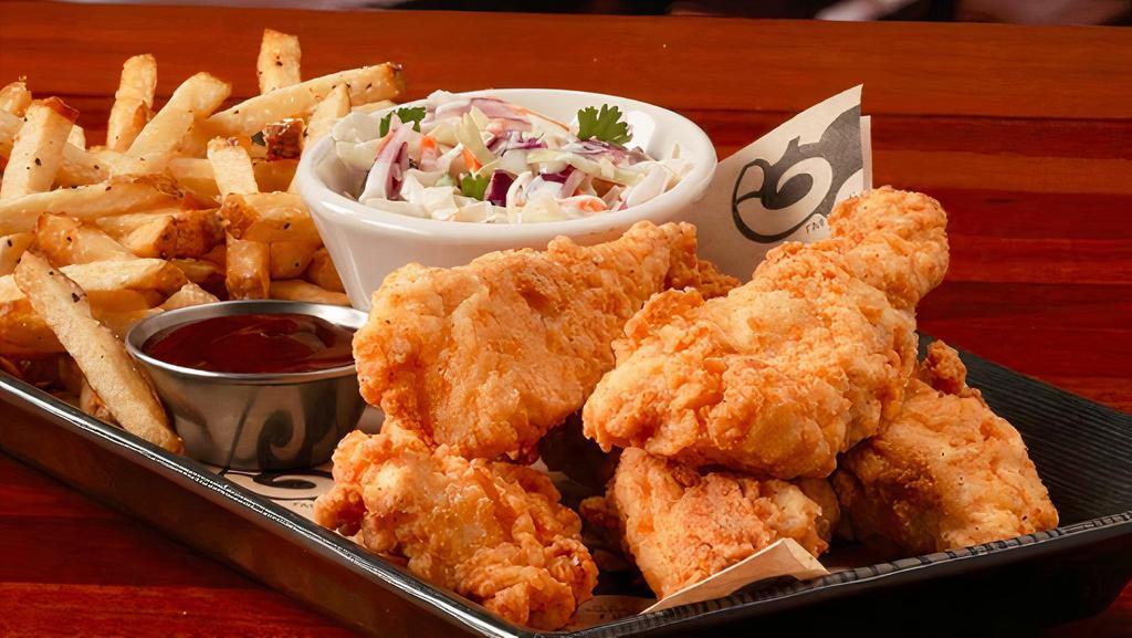 Crispy Chicken Strips · Cooked golden | fresh-cut fries | coleslaw Choice of Sauce: Ranch | Honey Mustard | Buffalo | BBQ