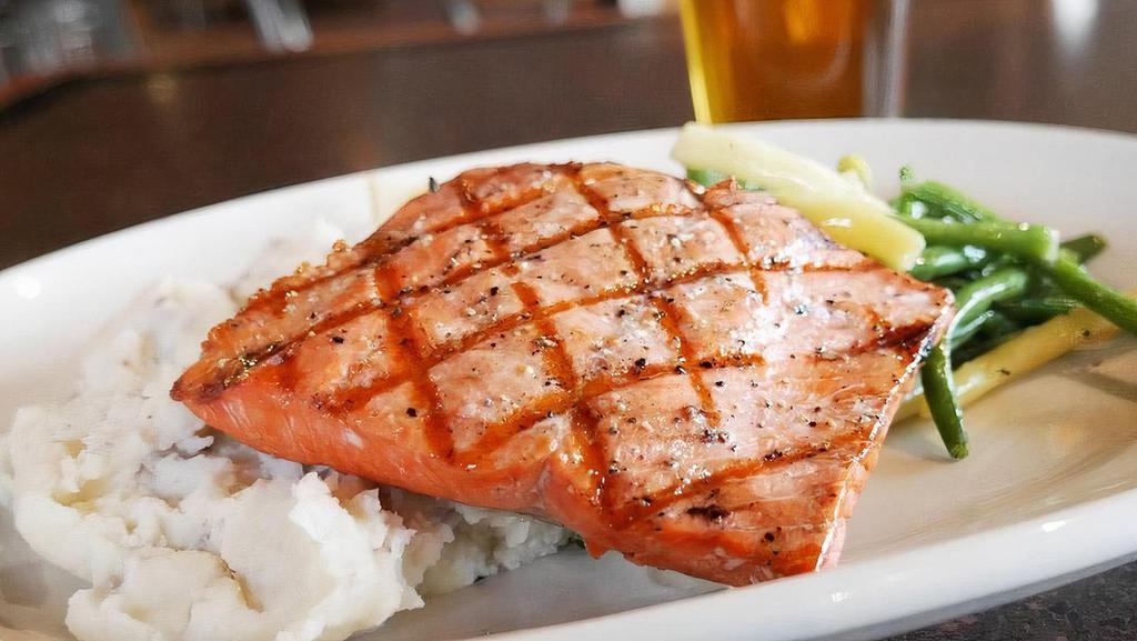 Grilled  Salmon · Grilled with sea salt, olive oil & lemon | seasonal vegetables | mashed potatoes