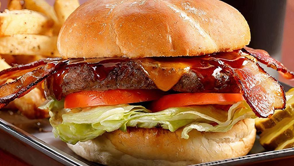 Porter Bbq Bacon Cheddar · Cheddar | applewood-smoked bacon | Porter BBQ sauce | lettuce | tomato kaiser bun