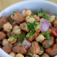 Mixed Beans · Vegan. Gluten free.  
fava beans, garbanzo beans, parsley, garlic, olive oil and lemon juice.