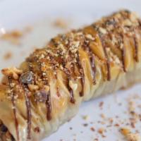 Choco Baklava · Rolled fillo dough filled with chocolate and peanut.
