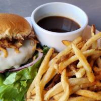The Tap · all-natural beef patty / Swiss / shrettuce / red onion crispy onion / french onion aioli / s...