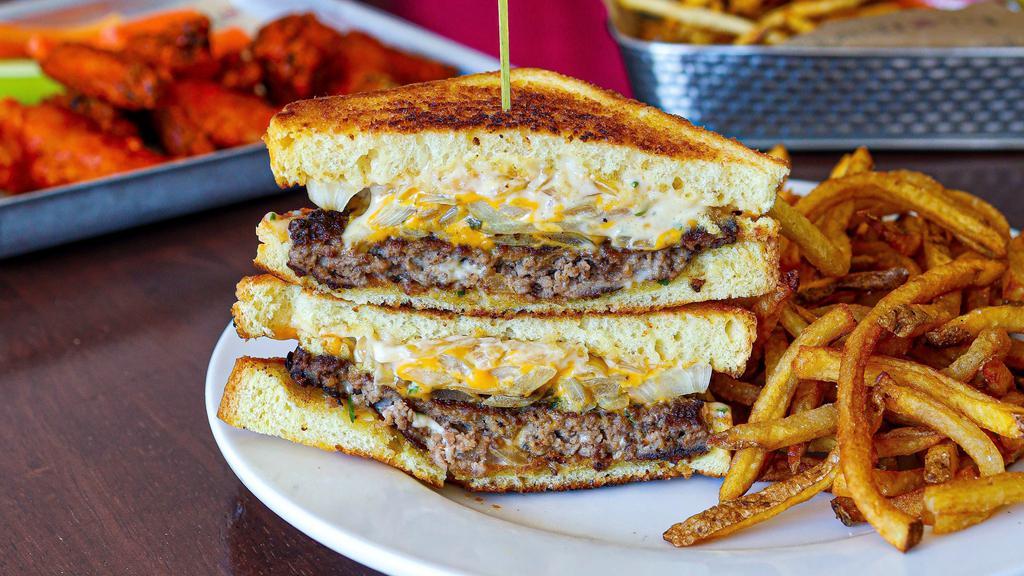 The Patty Melt · all-natural thin and crispy smashed beef patty / mustard onions / Texas toast / American cheese / french onion aioli