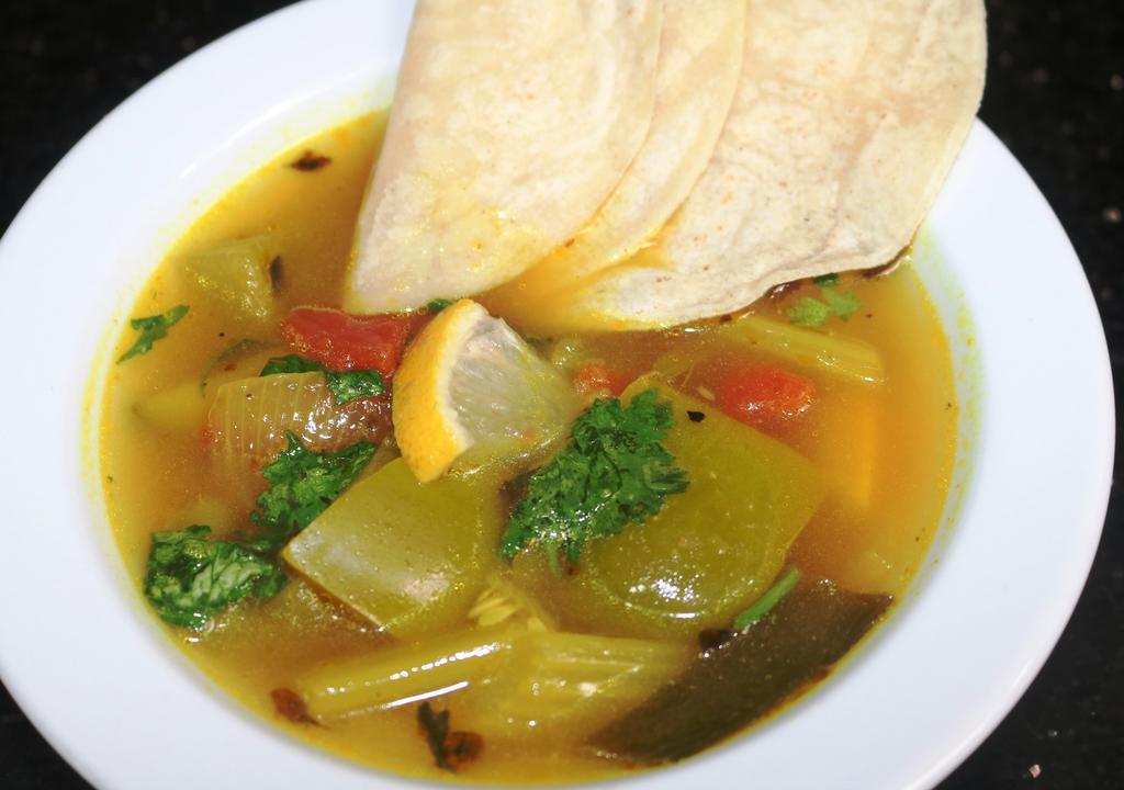 Veggie Soups  · RX  Fresh Veggies  Soup Served with Corn Tortillas  Includes Lemon Juice, Turmeric  to fight off virus.