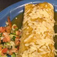 Chile Verde Burrito  · A flour tortilla filled with pork chile verde, Spanish rice and refried beans. Topped with m...