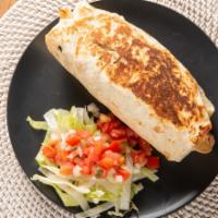Buho Burrito · 12” tortilla, black beans, rice, monterey jack, pico, lettuce, cabbage, and crema.