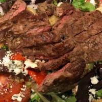 Tenderloin Is The Night Salad · Filet mignon, roasted red bell peppers, gorgonzola cheese, marinated roma tomatoes, red onio...