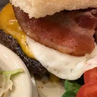 Breakfast In America Burger · Egg, bacon, and cheddar. Hand-formed Gold Canyon Angus ground patty with garnish and brown m...