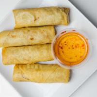 Egg Rolls · Four pieces. Deep fried egg rolls stuffed with vegetables and glass noodles served with swee...