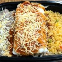 Enchilada Rice & Bean Meal · Chicken enchilada in red sauce with re-fried beans and rice topped with cheddar cheese.