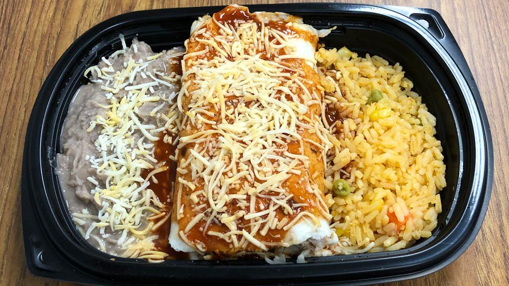 Enchilada Rice & Bean Meal · Chicken enchilada in red sauce with re-fried beans and rice topped with cheddar cheese.
