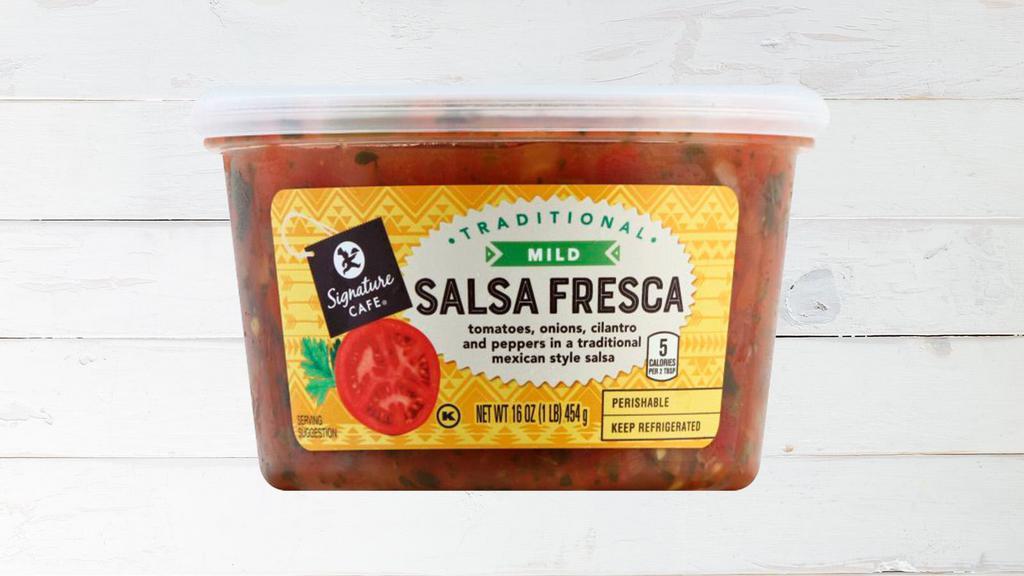 Signature Café Fresca Salsa Mild · Tomatoes, onions, cilantro, and peppers in a tradtional Mexican style salsa.