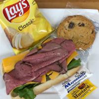 Lunchbox Roast Beef Cheddar Hoagie · Roast beef, cheddar cheese, and lettuce on a 6