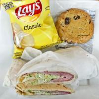Lunchbox Roast Beef Wrap · Roast beef, mild cheddar cheese, and feta slaw wrapped in a pita with a 2oz chocolate chunk ...