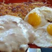 Chicken Fried Steak Two Eggs Hash Browns, Country Gravy With Toast · *Eggs are cooked to order consuming raw or undercooked eggs may be at risk for foodborne ill...