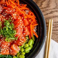 The Og Bowl · Tuna, edamame, seaweed salad, carrot, green onions, and sesame seeds in our poke sauce.