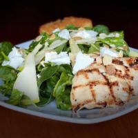 Chicken And Pear Salad · Shaved pear, baby spinach, goat cheese and grilled chicken breast, drizzled with our honey m...