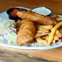 Fish & Chips · Two or Three pieces of beer battered cod. Served with house tartar, cole slaw and fries.
