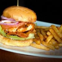 Buffalo Chicken Burger · Cajun style blackened chicken breast with melted pepper jack cheese, lettuce, onion, tomato,...
