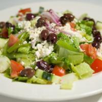 Greek Salad · Romaine with feta cheese calamata olives, tomato and cucumber.
