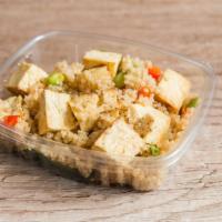Tofu Quinoa Salad · Baked tofu, quinoa, edamame, spinach, red bell pepper, soy sauce, rice vinegar, sugar, sesam...
