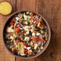 Greek Chicken Chickpea Bowl · The sun shines on this bowl, including brown rice quinoa blend, grilled chicken, marinated a...