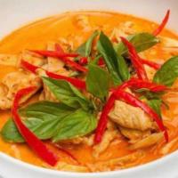 Panang Curry · Panang curry paste with coconut milk, bell peppers and sweet basil.
